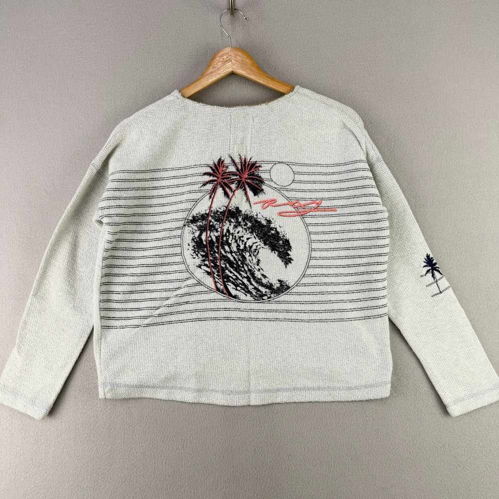 Roxy Beautiful Adventure Zip Up Jacket Womens S Gray Surf Palm Tree Graphic Y2K